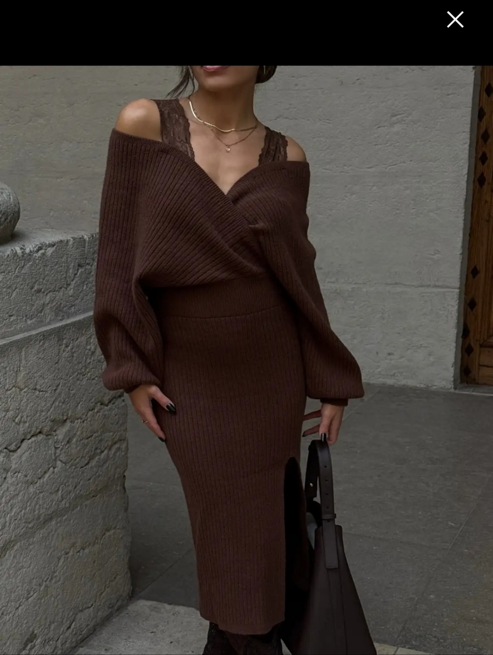 Cider Brown Knit Wrap Sweater Dress Lace Sleeves Nwt